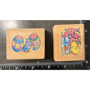 Easter-Themed Wooden Rubber Stamps Set Of 2 With Colorful Egg & Spring Basket